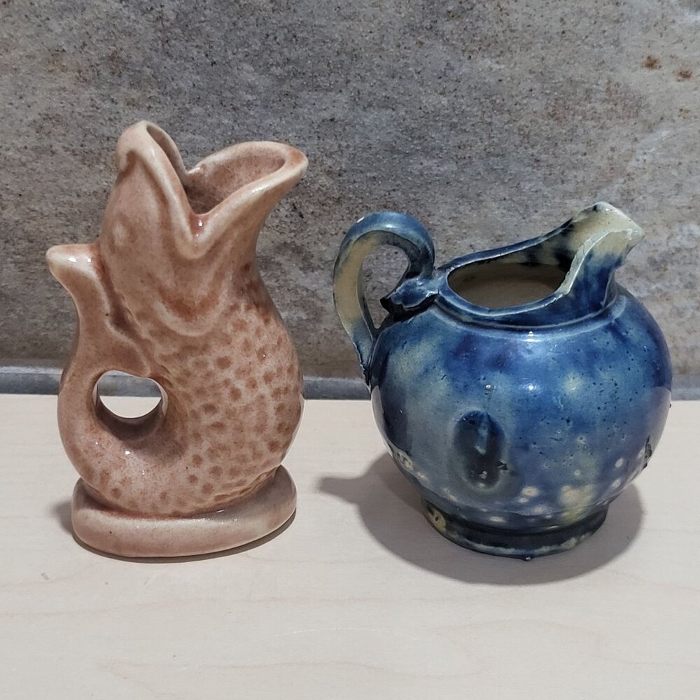 Vintage Miniature Fish Shaped Blue Round Ceramic Pitcher Jugs Set of 2